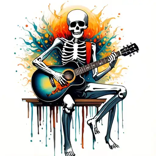 Hopeless Romantic Skeleton playing guitar tattoo design idea