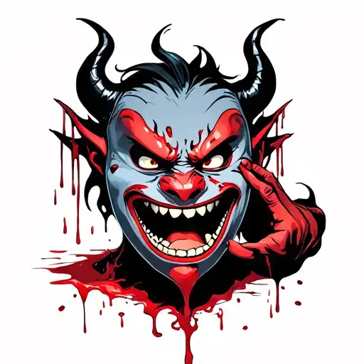 angry demon that cries blood while holding a cracked mask that smiles tattoo design idea
