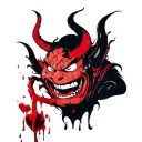 angry demon that cries blood while holding a cracked mask that smiles tattoo design idea
