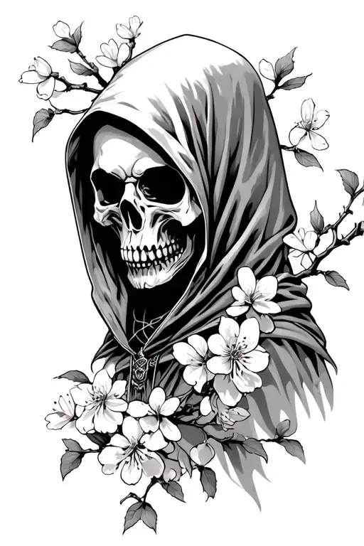 hooded grim reaper skull facing left with cherry blossoms and buds at the base tattoo design idea