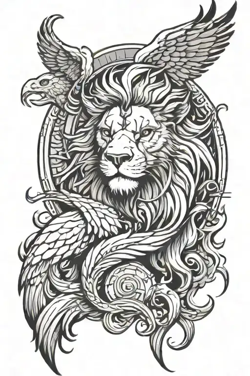 Head of a lion and a phoenix rising from the ashes tattoo design idea
