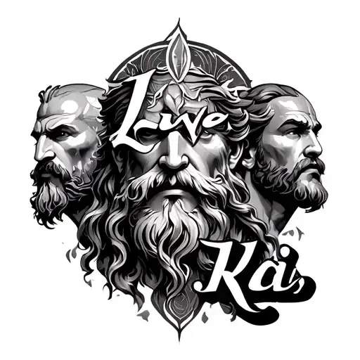 "Live, Kai" word. background is zeus god, atlas god, kratos god & ares god tattoo design idea