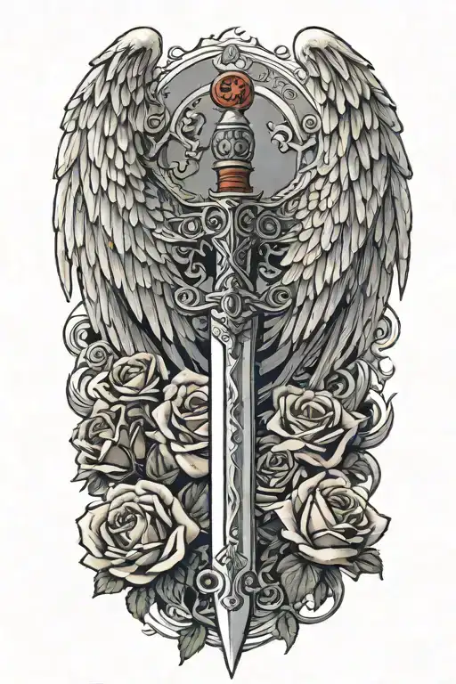 angel wings behind sword, roses tattoo design idea
