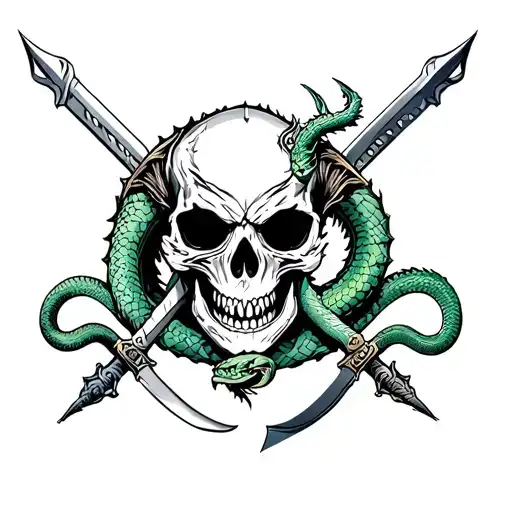 skull with dragon , 2 swords with snakes around them  tattoo design idea