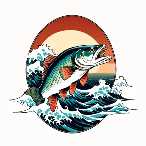 Japanese striped bass waves crashing in the background tattoo design idea