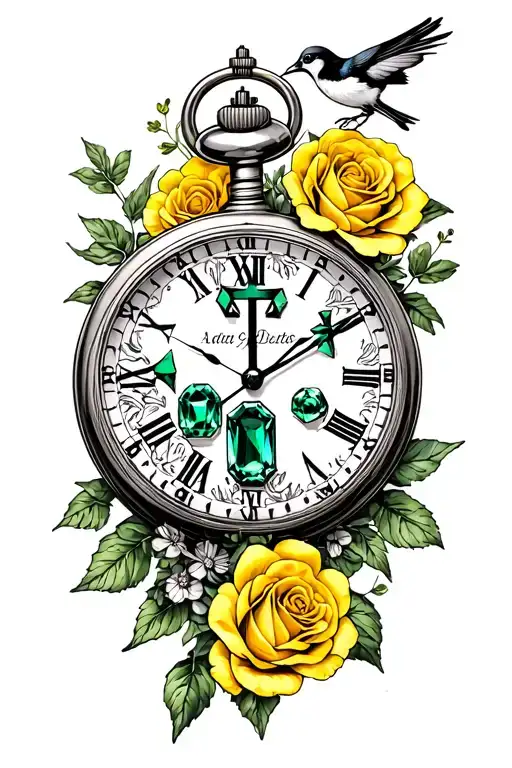 wild flowers, yellow roses, pocket watch, cross, bird , green emerald tattoo design idea
