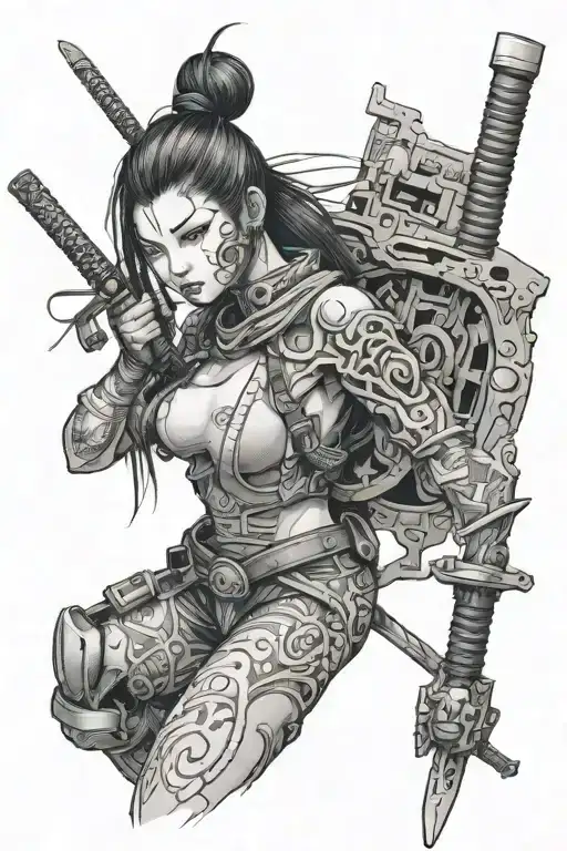 cybernetic japanese girl on her face which is a mask and she holds a katana on her left shoulder also two cybernetic han tattoo design idea