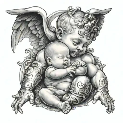 A baby in the arms of an angelic bodybuilder tattoo design idea
