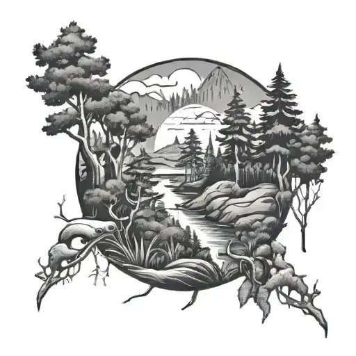 Design a tattoo of a forest landscape with hidden musical elements and chiropractic tools tattoo design idea