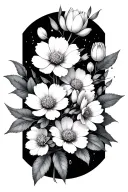 fine line cherry blossoms, violet, cosmos,,tulip and chrysanthemum with geometric shapes in background tattoo design idea