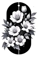 fine line cherry blossoms, violet, cosmos,,tulip and chrysanthemum with geometric shapes in background tattoo design idea