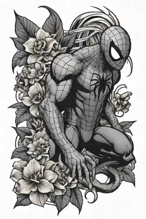 Spider-Man, dragon ball z, with catalaya and Catalina orchids tattoo design idea