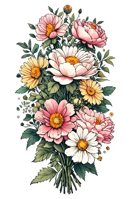 rose, daisy, peony, cosmos flower bouquet tattoo design idea