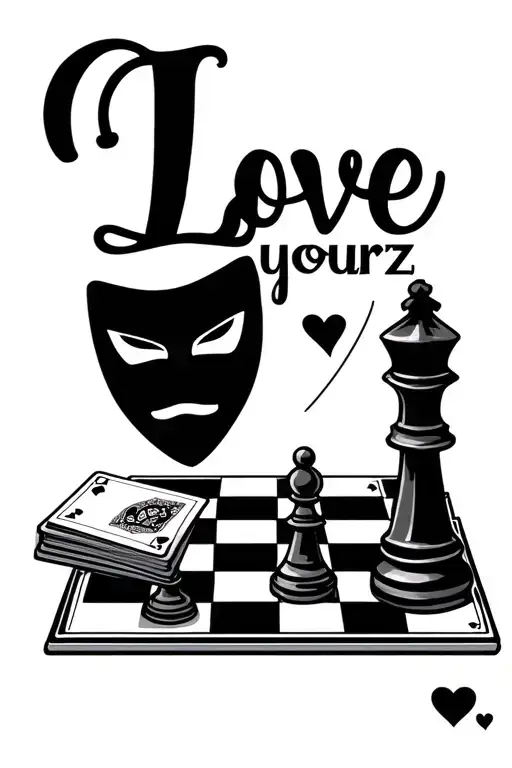 Love yourz written at the top, happy and sad mask underneath, then a deck of cards, and a king chess piece on a board tattoo design idea