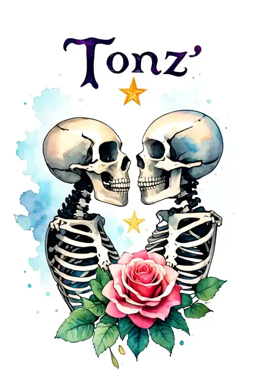 the word 'Tonz' 2 skeletons kissing and Star transforming into a rose tattoo design idea