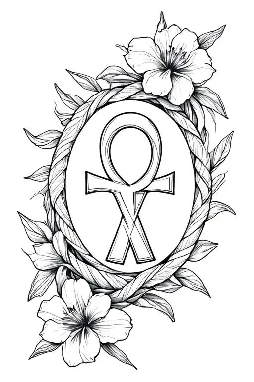 Alstroemeria flower blooming surrounding ankh symbol intertwined tattoo design idea