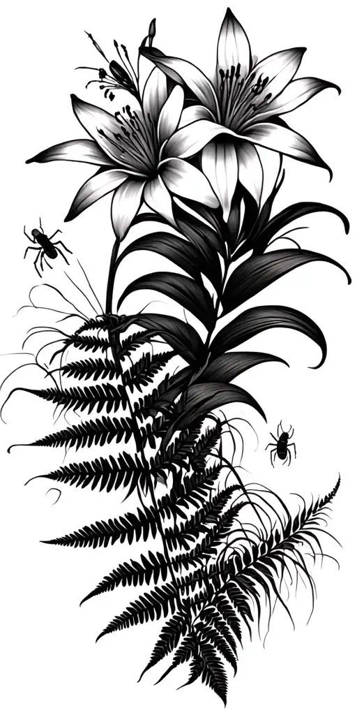 spider lilies some blooming with Spiders And other bugs crawling on fern And some grasses tattoo design idea