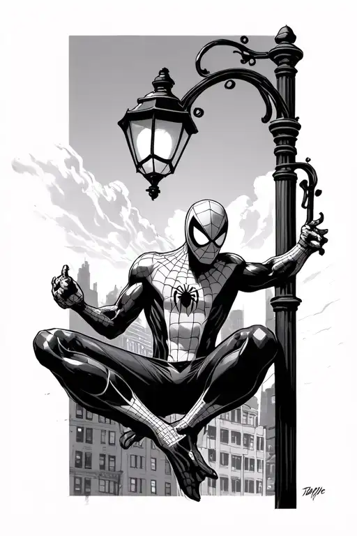 spider man in his Symbiot soup perched on a lamp post tattoo design idea