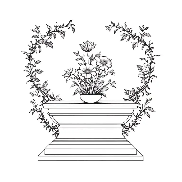 empty pedestal surrounded by vines with different flowers tattoo design idea
