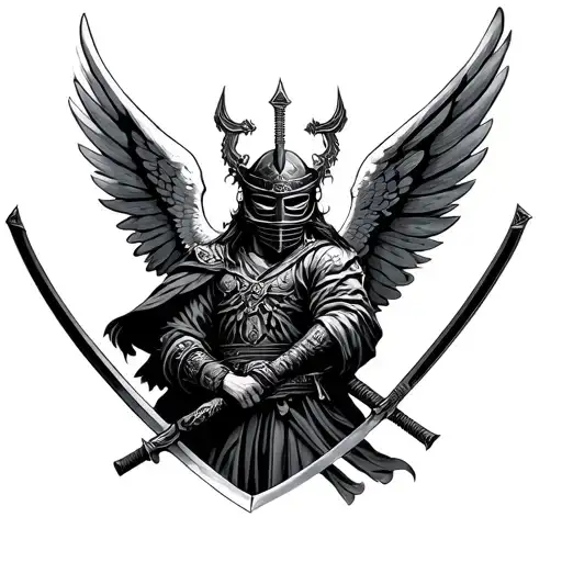 st michael the archangel with samurai mask and katana tattoo design idea