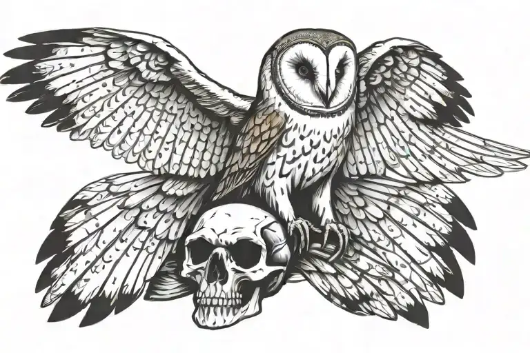 barn owl with large wings spread on a skull tattoo design idea