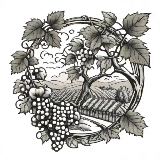 A vineyard landscape with grapevines winding around a teacher's apple tree tattoo design idea