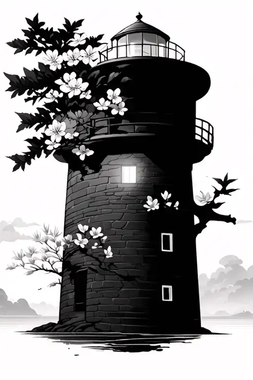 lighthouse Robin Cherry Blossom tattoo design idea