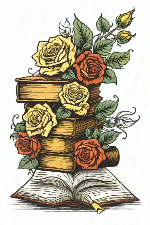 stack of books with yellow roses coming out of the top open book and a wine glass on top tattoo design idea