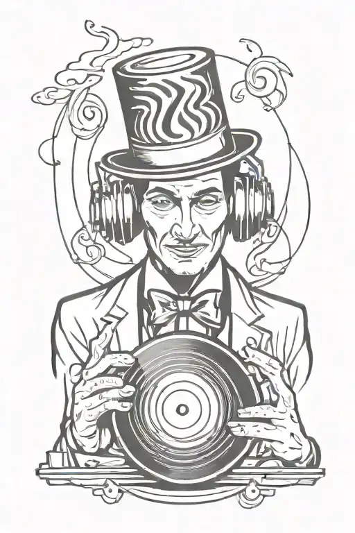 A magician hearing headphones and holding a vinyl record tattoo design idea