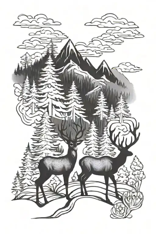 deer forest mountains panorama tattoo design idea