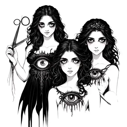 three young beautiful fate goddesses all with glowing eyes, one holds Greek eye, one holds string, one holds scissors tattoo design idea