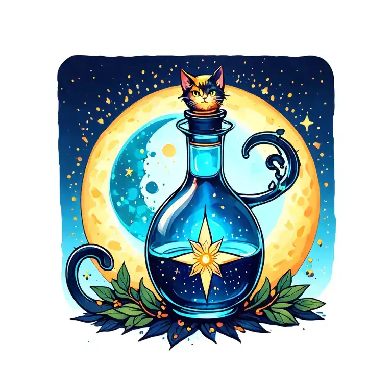 cat Potion bottle surrounded sun star moon tattoo design idea