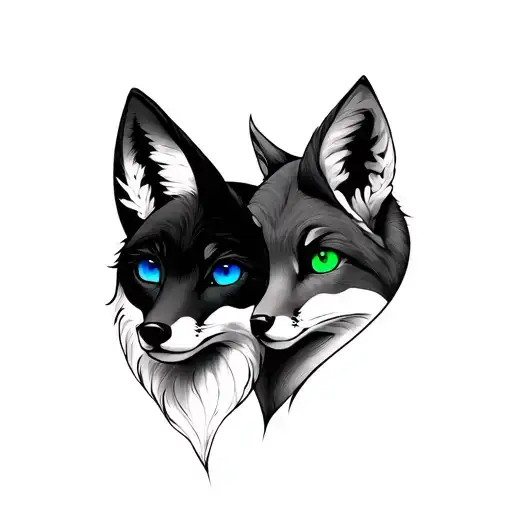 gemini zodiac with two foxs one with blue eyes and the other with one blue and one green tattoo design idea