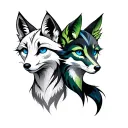 gemini zodiac with two foxs one with blue eyes and the other with one blue and one green tattoo design idea