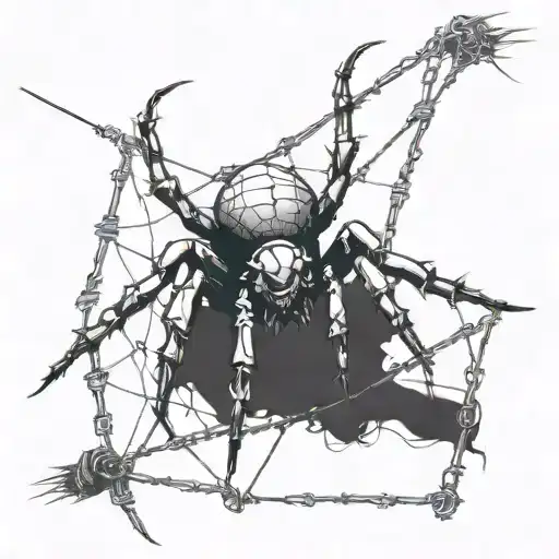 A gothic cybersigilism spider crawling on a barbed wire fence tattoo design idea