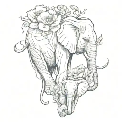 a long branch with carnations and crocus flowers stemming out, and separately a mom and child elephant tattoo design idea