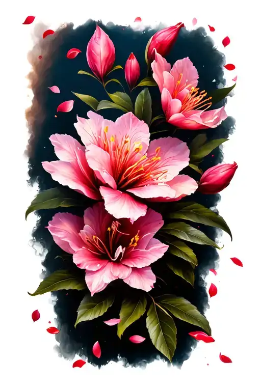 A sleeve with azalea flowers prominent in the tattoo and cherry blossom petals mixed in tattoo design idea