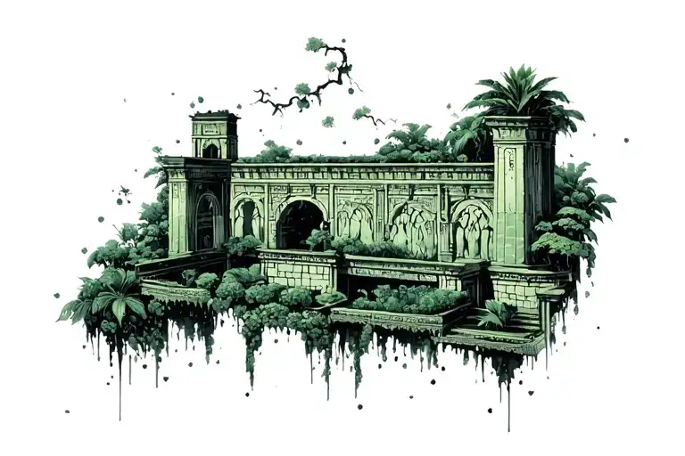 goth/punk aesthetics, black and dark green colors, a view of Hanging Gardens of Babylon, sharp edges, little shadows tattoo design idea