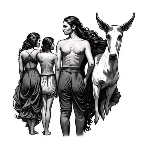 father, mother, 2 daughter and posiedon tattoo design idea
