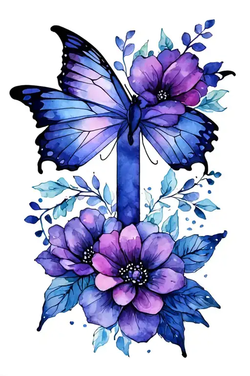 butterfly, cross, flowers intertwined tattoo design idea