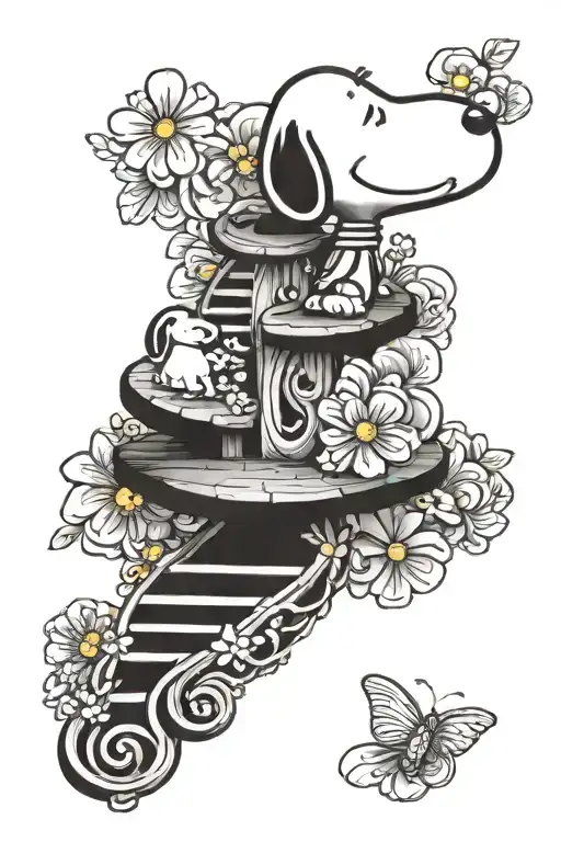double helix intertwined with flowers and snoopy protecting Woodstock tattoo design idea