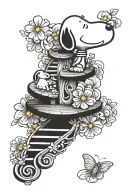 double helix intertwined with flowers and snoopy protecting Woodstock tattoo design idea