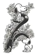 double helix intertwined with flowers and snoopy protecting Woodstock tattoo design idea