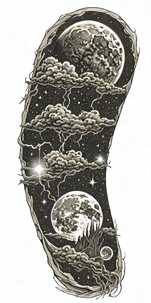 thunderstorm and moon surrounded by stars tattoo design idea
