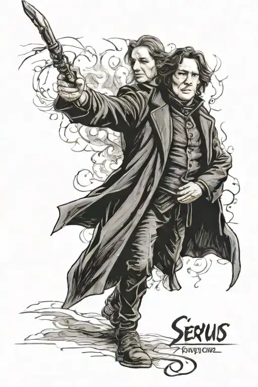 Servirus Snape performed by Alan Rickman holds the wand forward, a spell flies out of it and at the end of the spell is  tattoo design idea