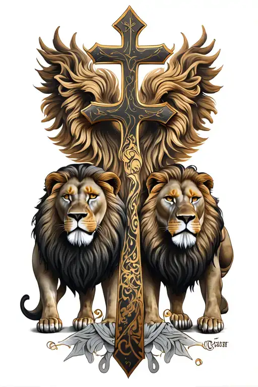 two lions with a cross tattoo tattoo design idea