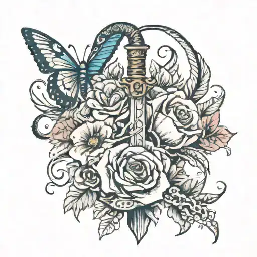 Lightening bolts surrounded by flowers falling and butterflies with a snake wrapped around a sword   tattoo design idea