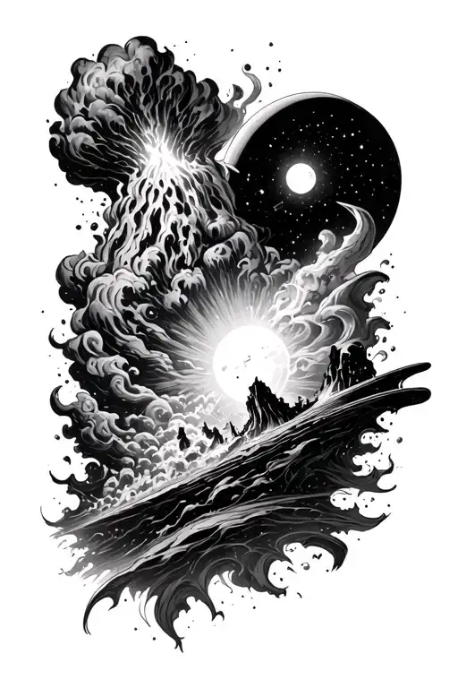 eruption of space and time tattoo design idea