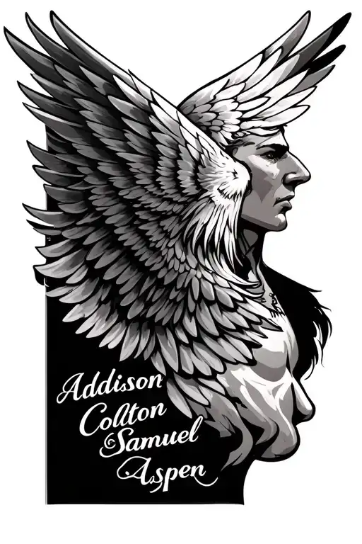 masculine shoulder tattoo with the names Addison Colton Samuel Nala and the name Aspen with wings tattoo design idea