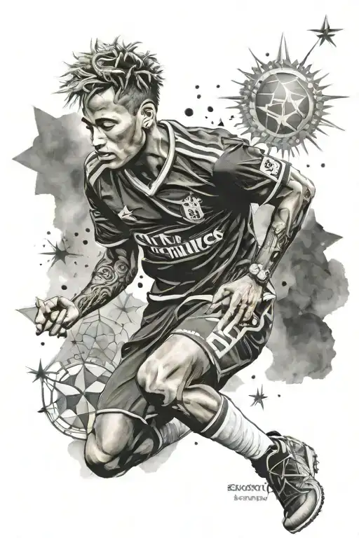 statue Roman, Neymar by back, write somewhere "FortunAlone", sun and stars behind tattoo design idea